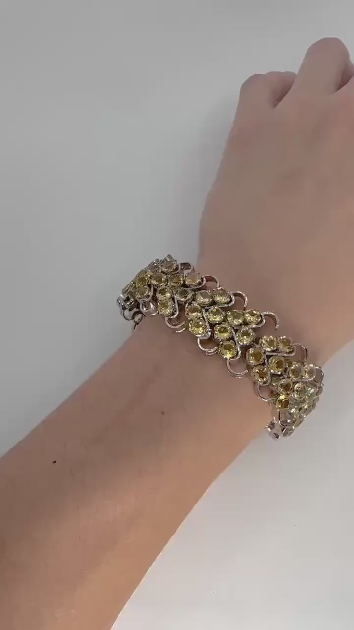 Vintage Golden Citrine Statement Bracelet Deco 925 Sterling Silver Chunky Tennis