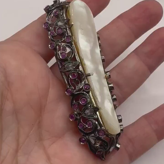 Vintage 14k White Gold Brooch: Mother of Pearl, Ruby & Rose Cut Diamond Pin