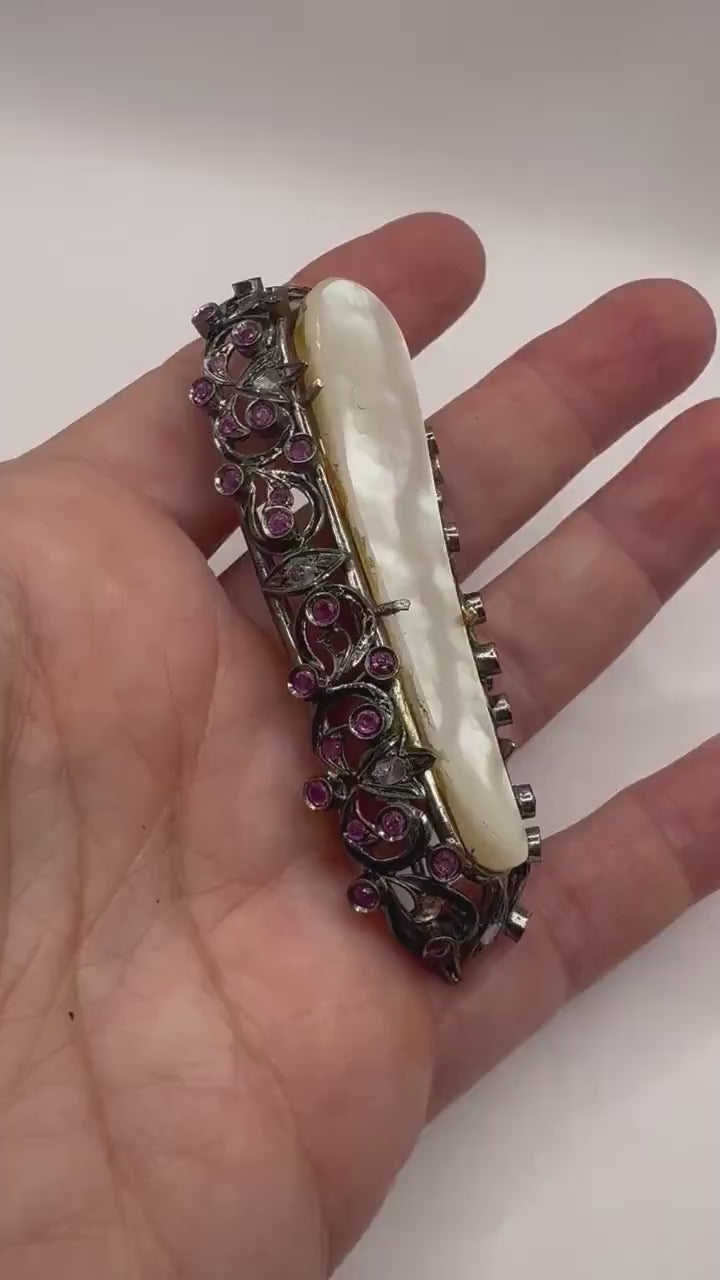 Vintage 14k White Gold Brooch: Mother of Pearl, Ruby & Rose Cut Diamond Pin