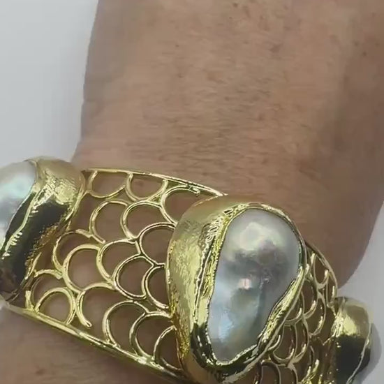 Vintage Pearl Cuff Bangle Bracelet Golden 925 Sterling Silver Hand Made