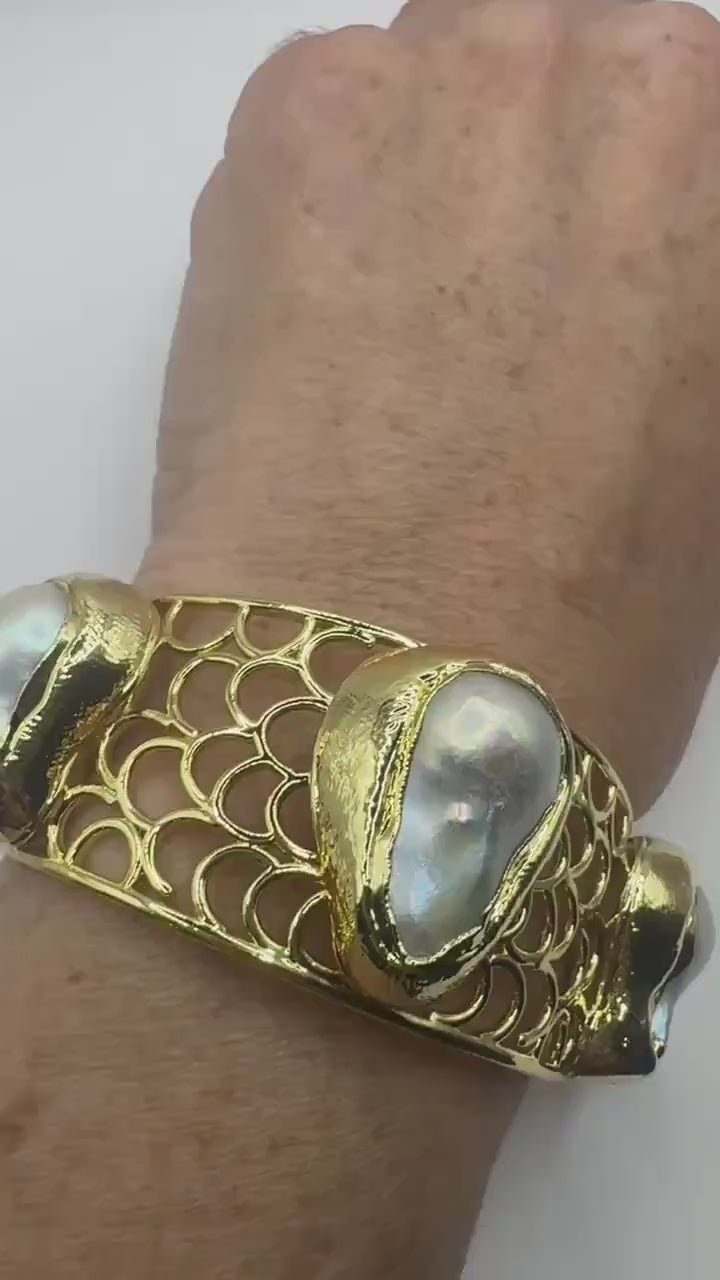 Vintage Pearl Cuff Bangle Bracelet Golden 925 Sterling Silver Hand Made