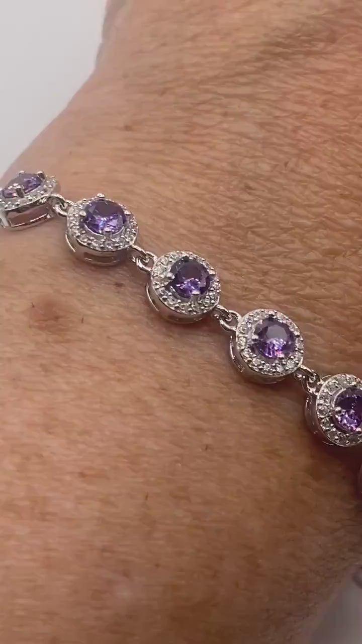 Vintage Amethyst Tennis Bracelet 925 Sterling Silver Purple Deco