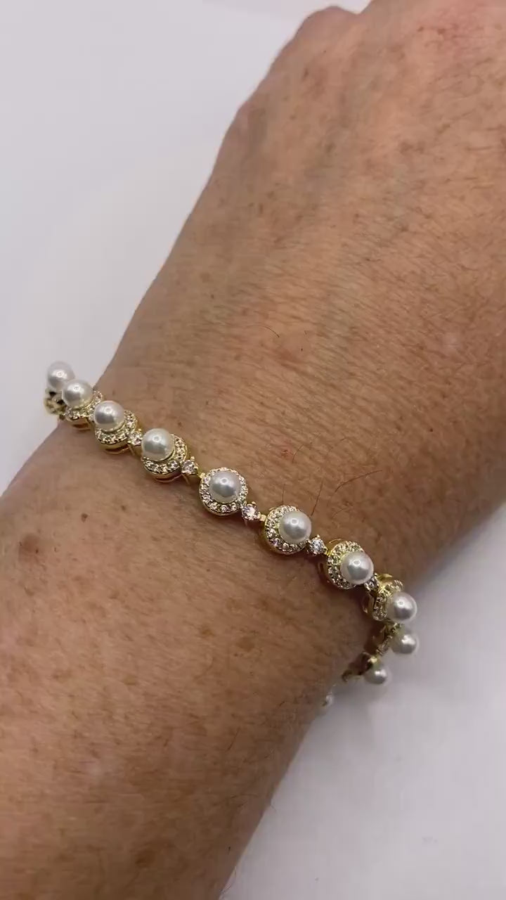 Vintage Pearl Bracelet in Gold Finished 925 Sterling Silver