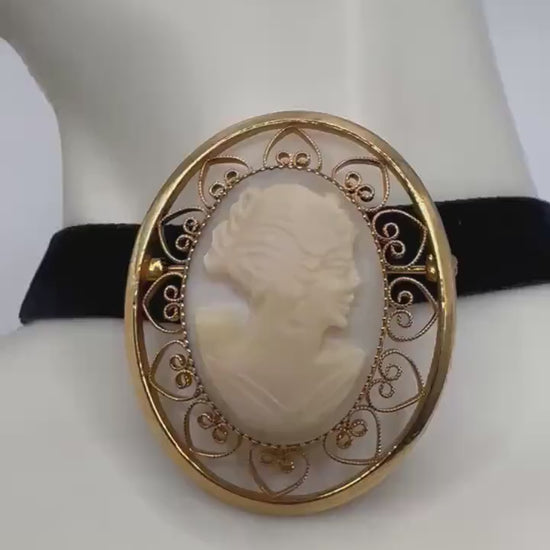 Vintage Shell Cameo Yellow Golden Filled Brooch Pin | black velvet ribbon choker