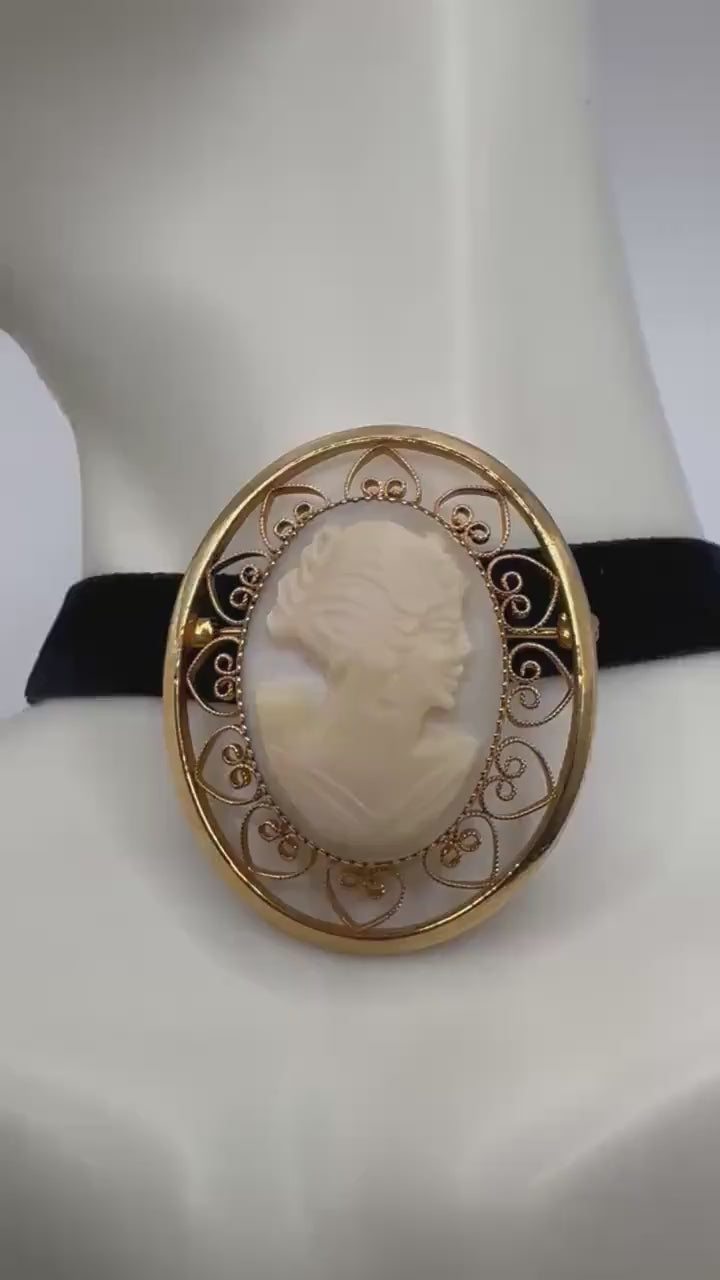 Vintage Shell Cameo Yellow Golden Filled Brooch Pin | black velvet ribbon choker
