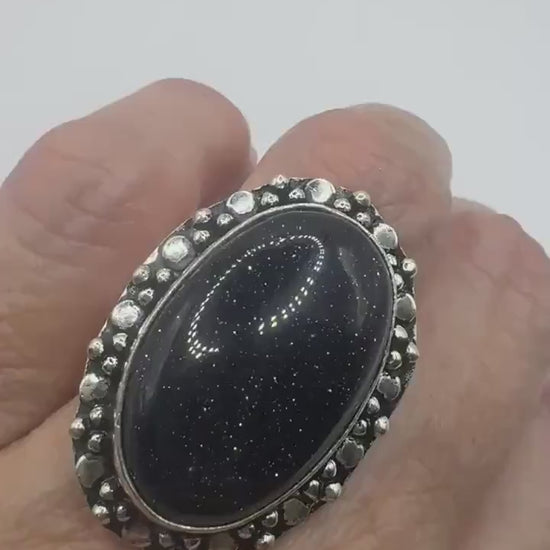 Vintage Black Goldenstone Silver Bronze Ring