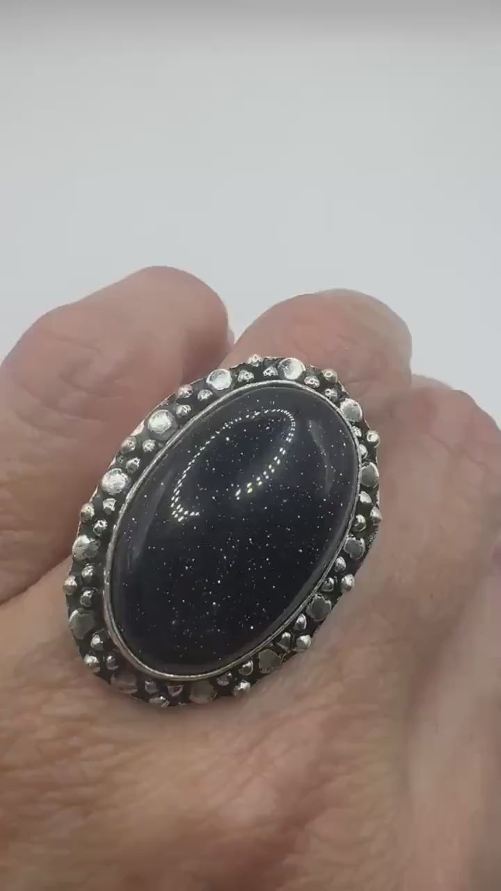 Vintage Black Goldenstone Silver Bronze Ring