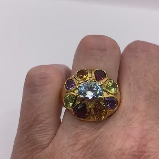 Vintage Mixed Genuine Gemstones Gold 925 Sterling Silver Heart Cocktail Ring