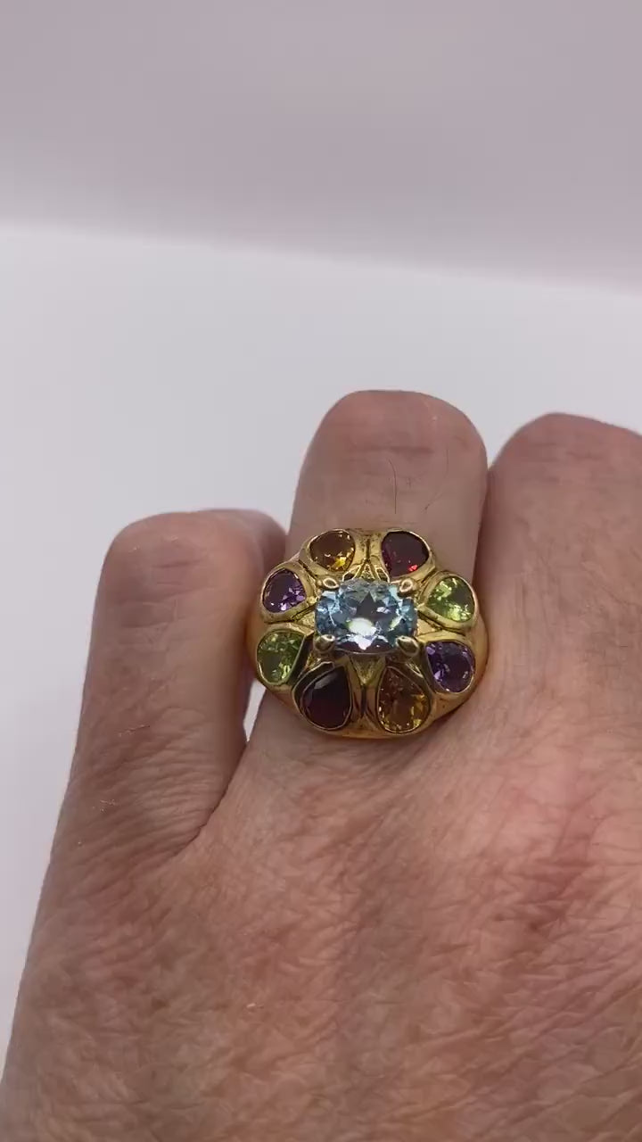 Vintage Mixed Genuine Gemstones Gold 925 Sterling Silver Heart Cocktail Ring