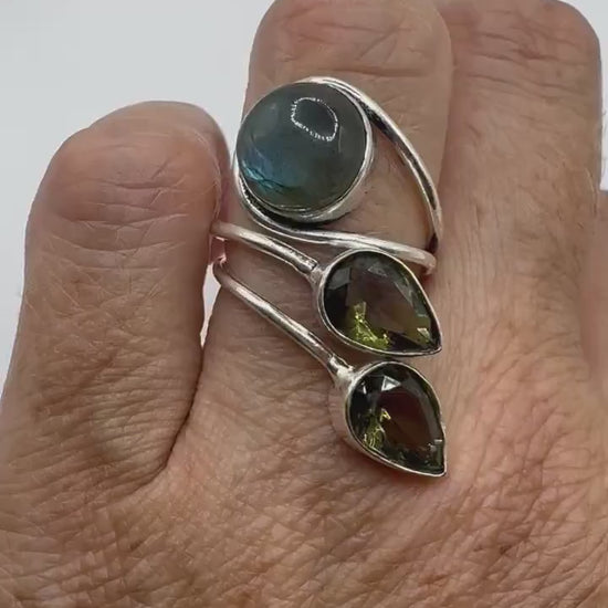 Vintage Green Labradorite Rainbow Moonstone Stone Silver Ring