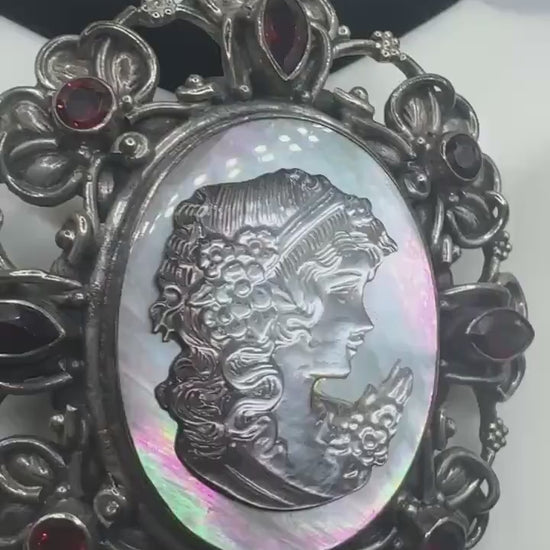Vintage Abalone Mother of Pearl Cameo Choker 925 Sterling Silver Necklace Pin