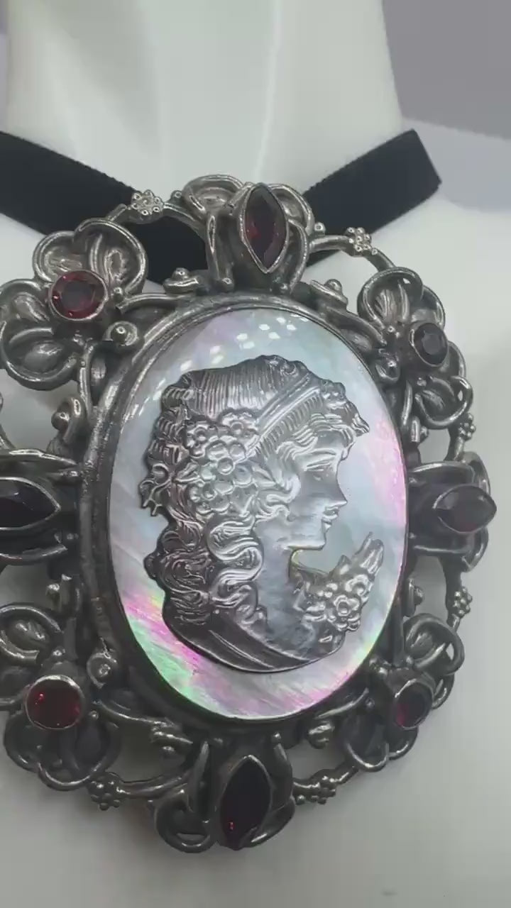 Vintage Abalone Mother of Pearl Cameo Choker 925 Sterling Silver Necklace Pin