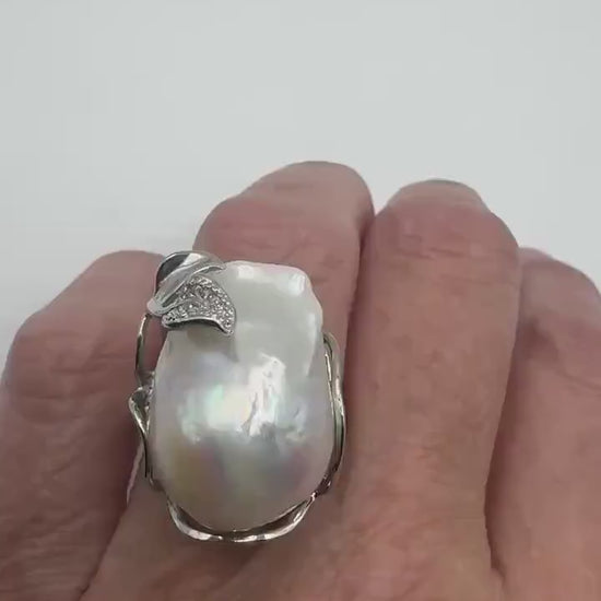 Vintage Biwa Pearl Ring 925 Sterling Silver Cocktail Statement Adjustable