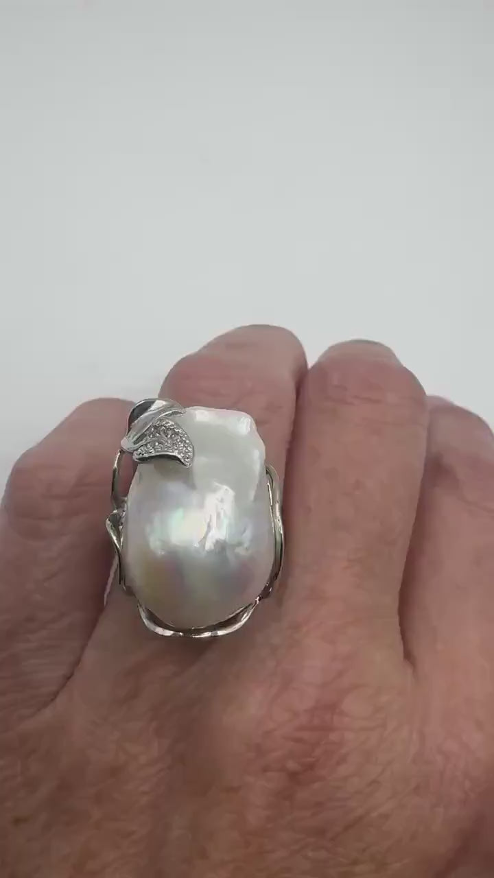 Vintage Biwa Pearl Ring 925 Sterling Silver Cocktail Statement Adjustable
