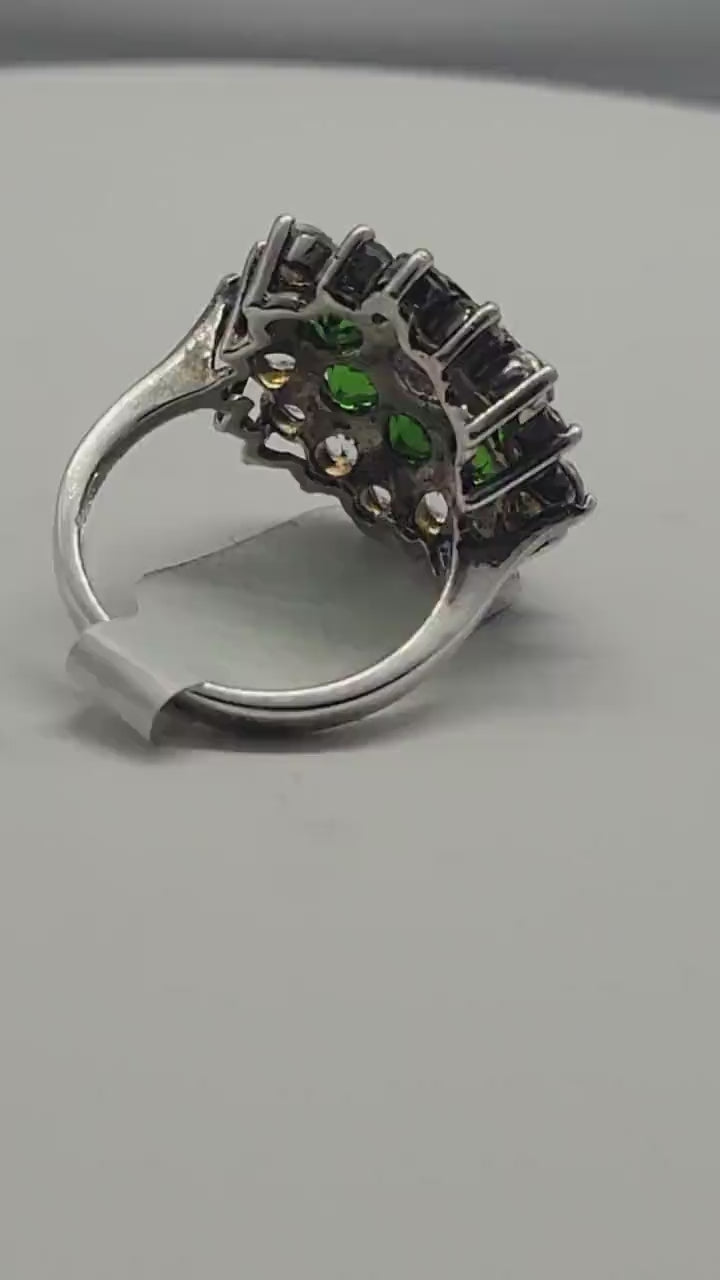 Vintage Green Chrome Diopside Cocktail Ring with White Topaz set in 925 Sterling Silver