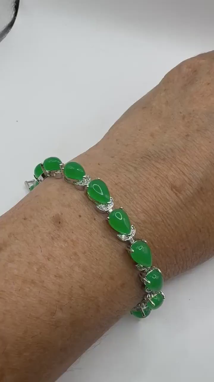 Vintage Green Jade Tennis Bracelet Silver Bronze