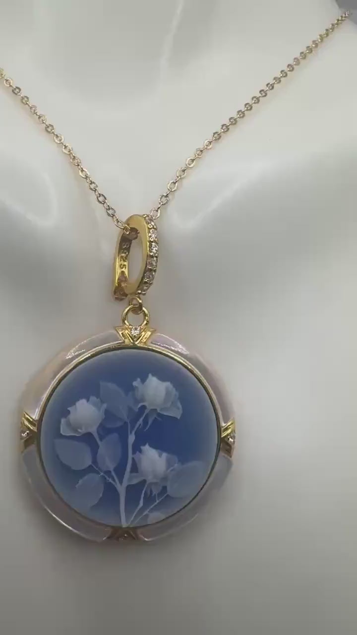 Vintage Rose Flower Cameo 925 Sterling Silver Necklace Choker