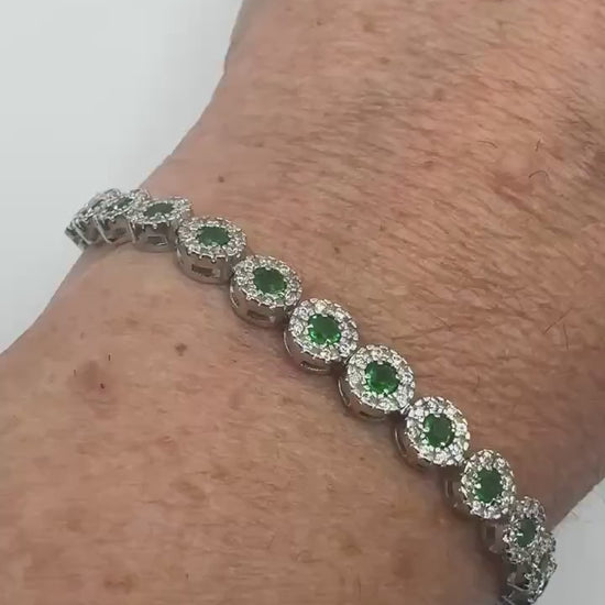 Vintage Handmade Real Green Emerald Rhodium Finished Sterling Silver Tennis Bracelet