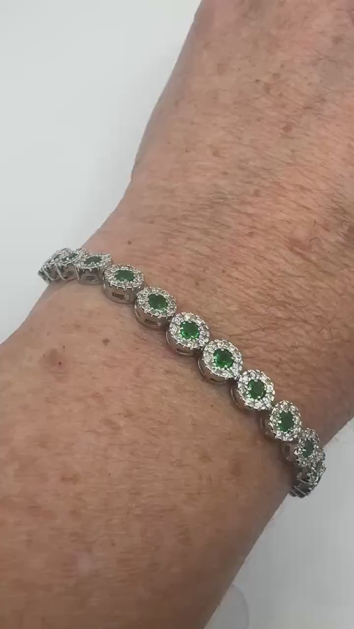 Vintage Handmade Real Green Emerald Rhodium Finished Sterling Silver Tennis Bracelet