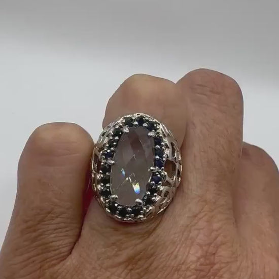 Vintage Genuine Blue Topaz and Sapphire 925 Sterling Silver Flower Cocktail  Ring