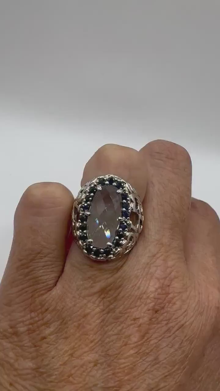 Vintage Genuine Blue Topaz and Sapphire 925 Sterling Silver Flower Cocktail  Ring