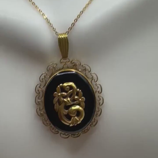 Vintage Black Enamel  Locket Choker Gold Filled Necklace