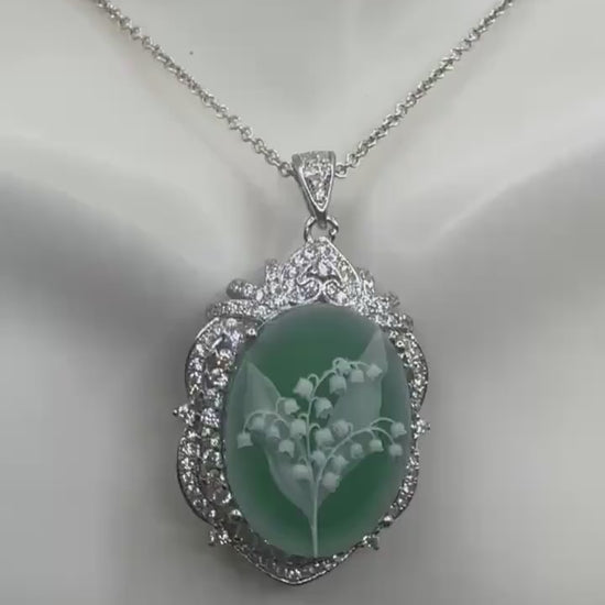Vintage Carved Cameo Lily of the Valley 925 Sterling Silver Necklace Choker