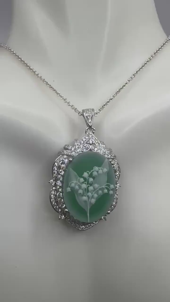 Vintage Carved Cameo Lily of the Valley 925 Sterling Silver Necklace Choker
