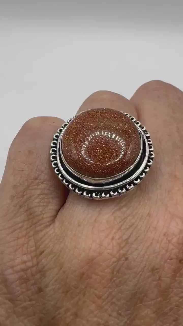 Vintage Handmade Boho Statement Golden Sandstone Silver Ring 9