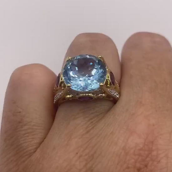 Vintage Genuine Blue Topaz Red Tourmaline 925 Sterling Silver Cocktail Ring