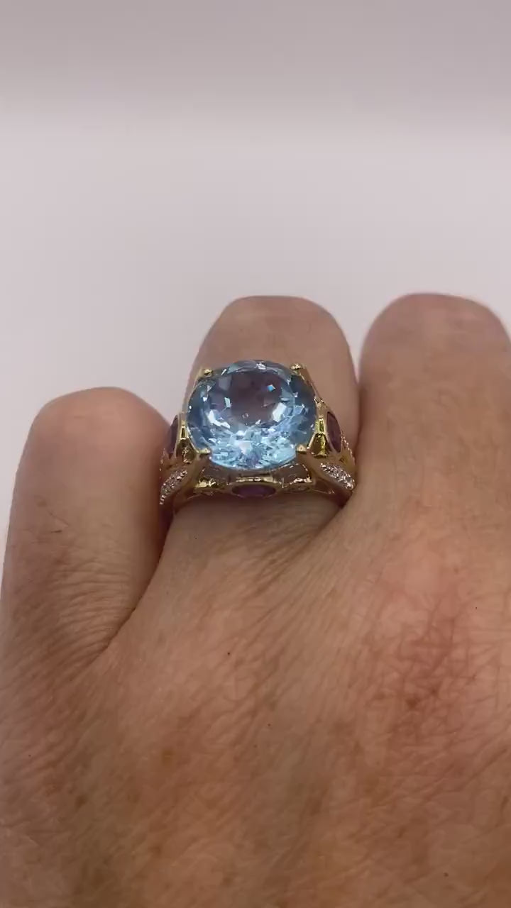 Vintage Genuine Blue Topaz Red Tourmaline 925 Sterling Silver Cocktail Ring
