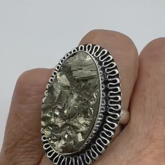 Vintage Gold Pyrite Silver Cocktail Ring Size 8