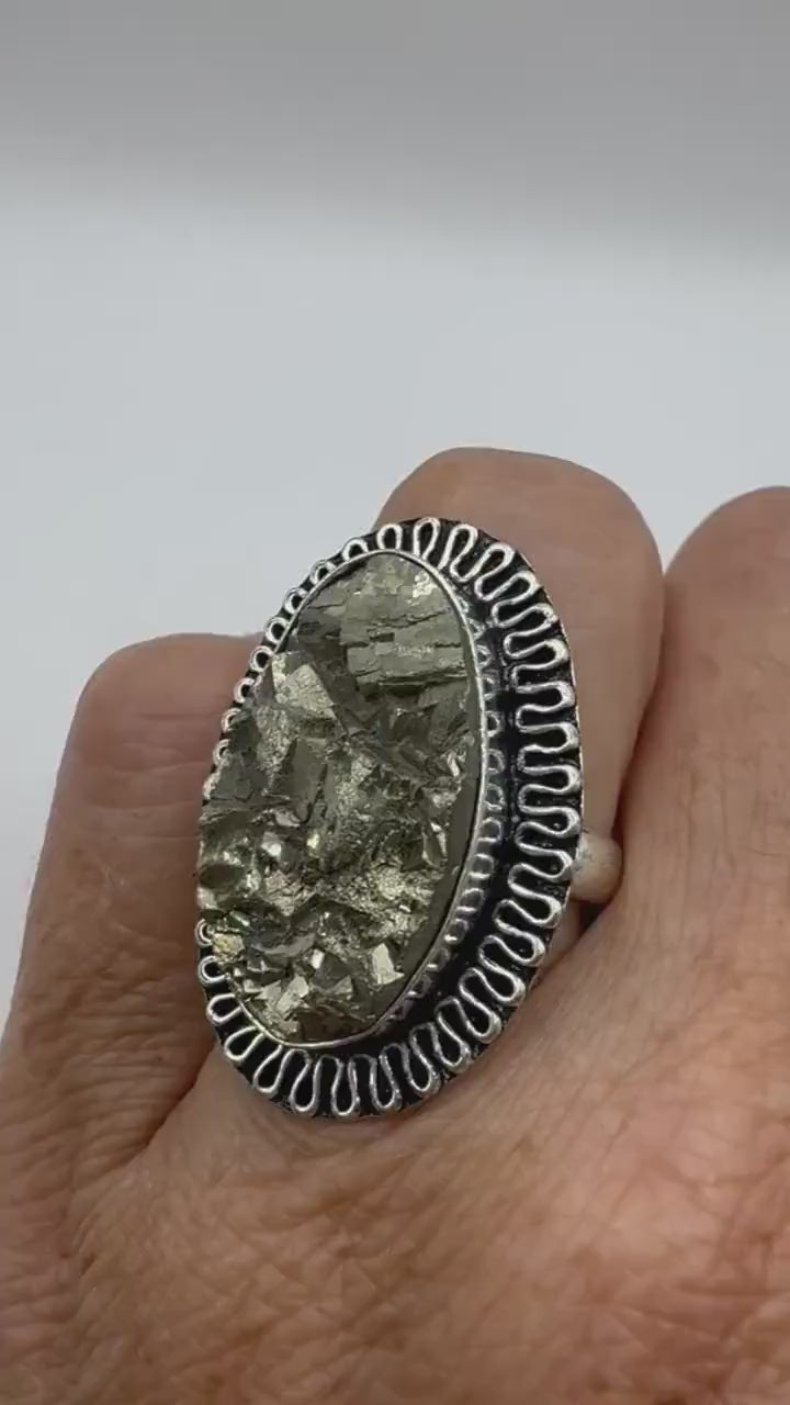 Vintage Gold Pyrite Silver Cocktail Ring Size 8