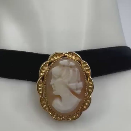 Vintage Shell Cameo Yellow Golden Filled Brooch | Pin Black Velvet Choker