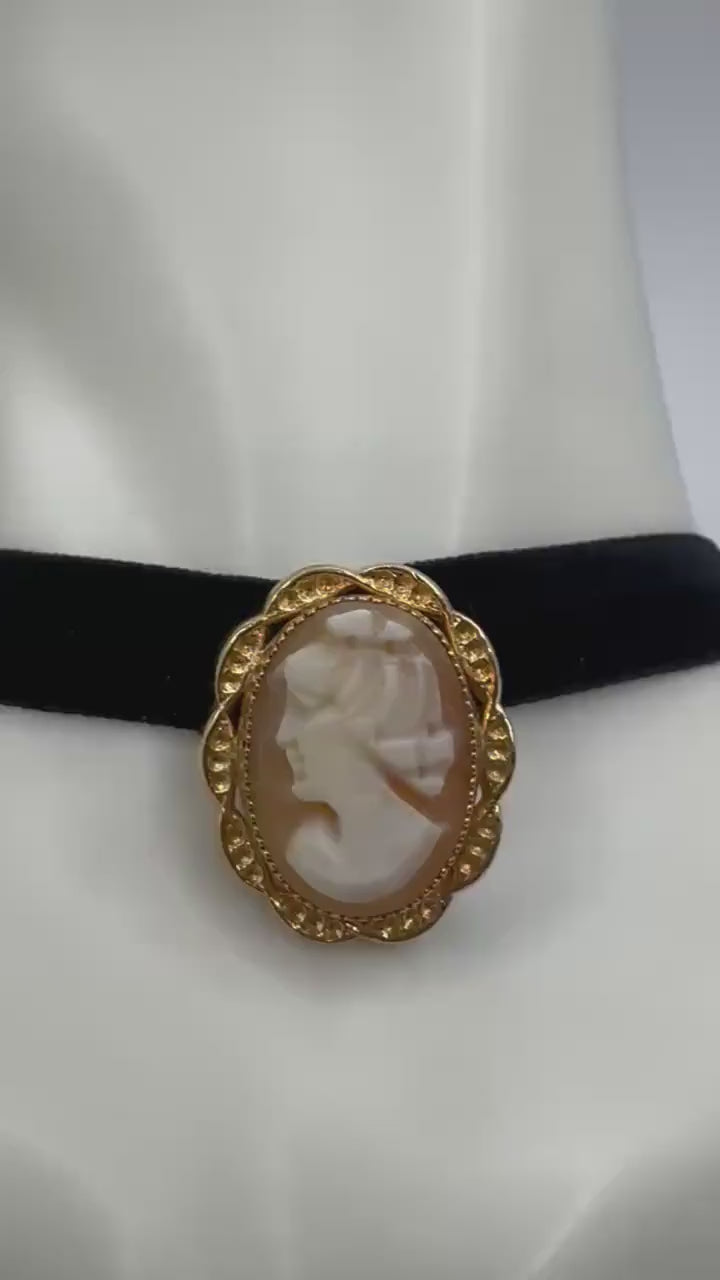 Vintage Shell Cameo Yellow Golden Filled Brooch | Pin Black Velvet Choker