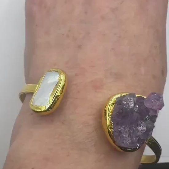 Vintage Pearl Amethyst Cuff Bangle Bracelet Golden 925 Sterling Silver