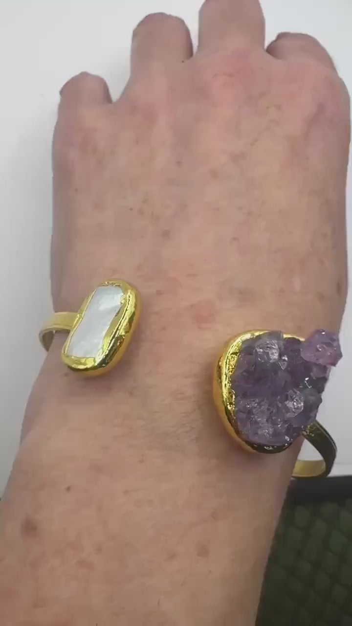 Vintage Pearl Amethyst Cuff Bangle Bracelet Golden 925 Sterling Silver