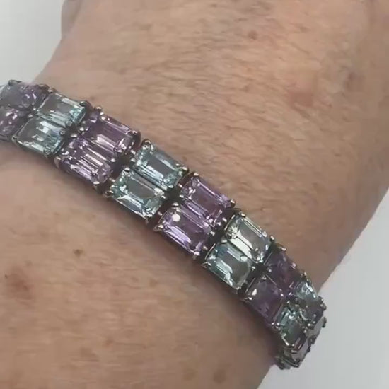 Vintage Amethyst Blue Topaz 925 Sterling Silver Tennis Bracelet