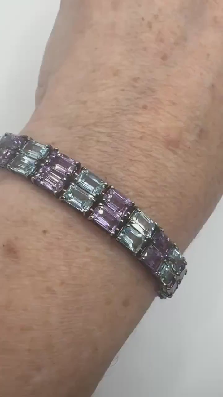 Vintage Amethyst Blue Topaz 925 Sterling Silver Tennis Bracelet