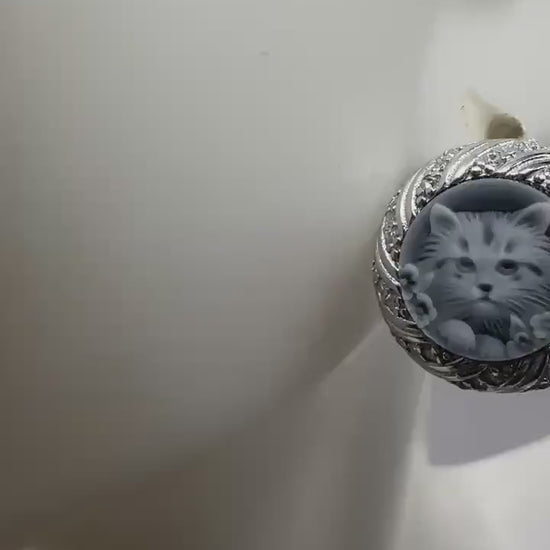 Vintage Cat Cameo Golden 925 Sterling Silver Stud Earrings