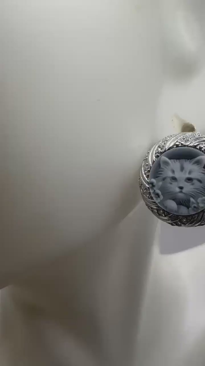 Vintage Cat Cameo Golden 925 Sterling Silver Stud Earrings