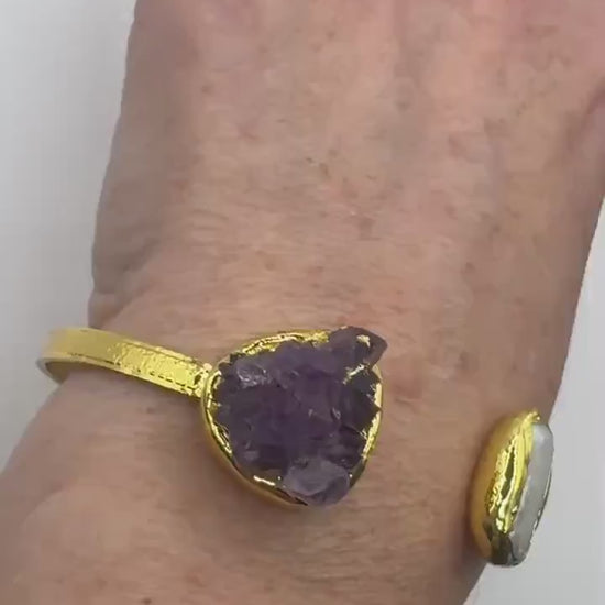 Vintage Pearl Amethyst Cuff Bangle Bracelet Golden 925 Sterling Silver