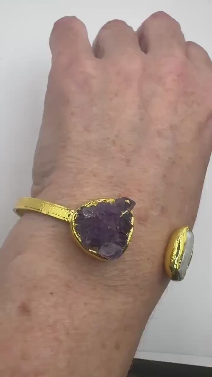 Vintage Pearl Amethyst Cuff Bangle Bracelet Golden 925 Sterling Silver