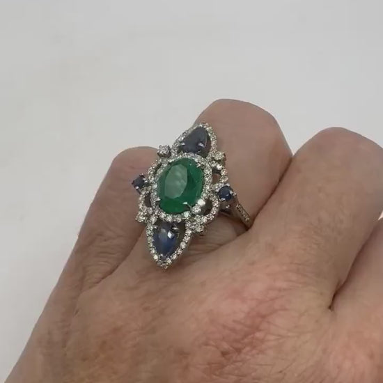 Vintage Emerald Sapphire Diamond Cocktail Ring 925 Sterling Silver Size 7
