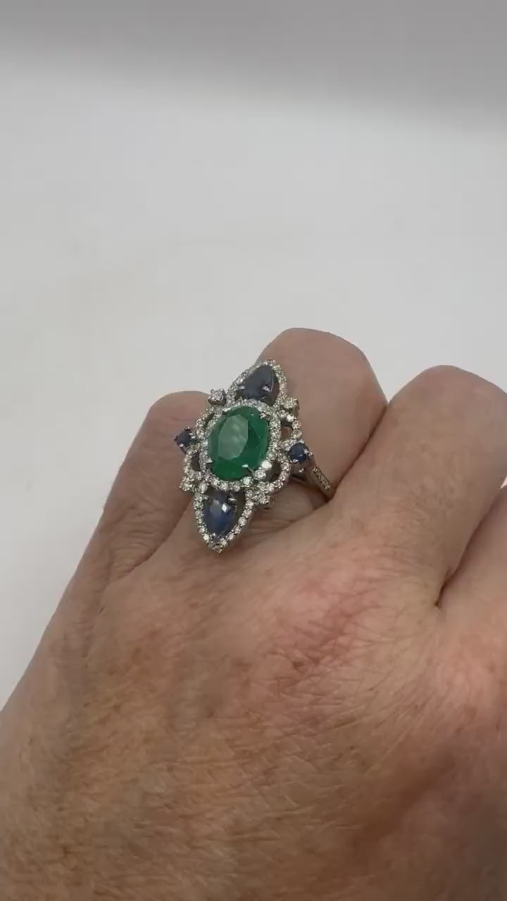 Vintage Emerald Sapphire Diamond Cocktail Ring 925 Sterling Silver Size 7