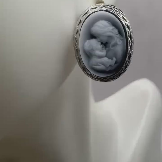 Vintage Mother Child Cameo Golden 925 Sterling Silver Stud Earrings