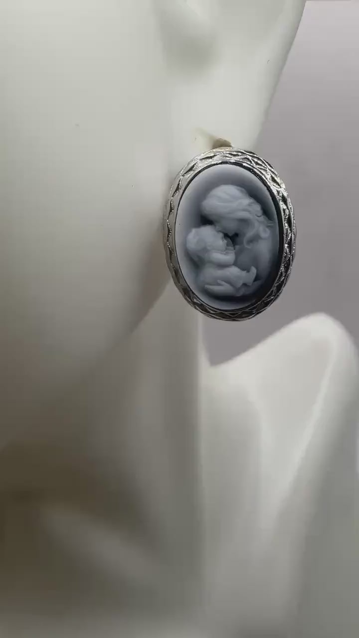 Vintage Mother Child Cameo Golden 925 Sterling Silver Stud Earrings