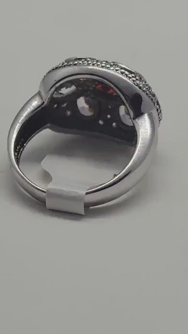 Vintage Red Garnet Sterling Silver Ring with Amethyst & CZ