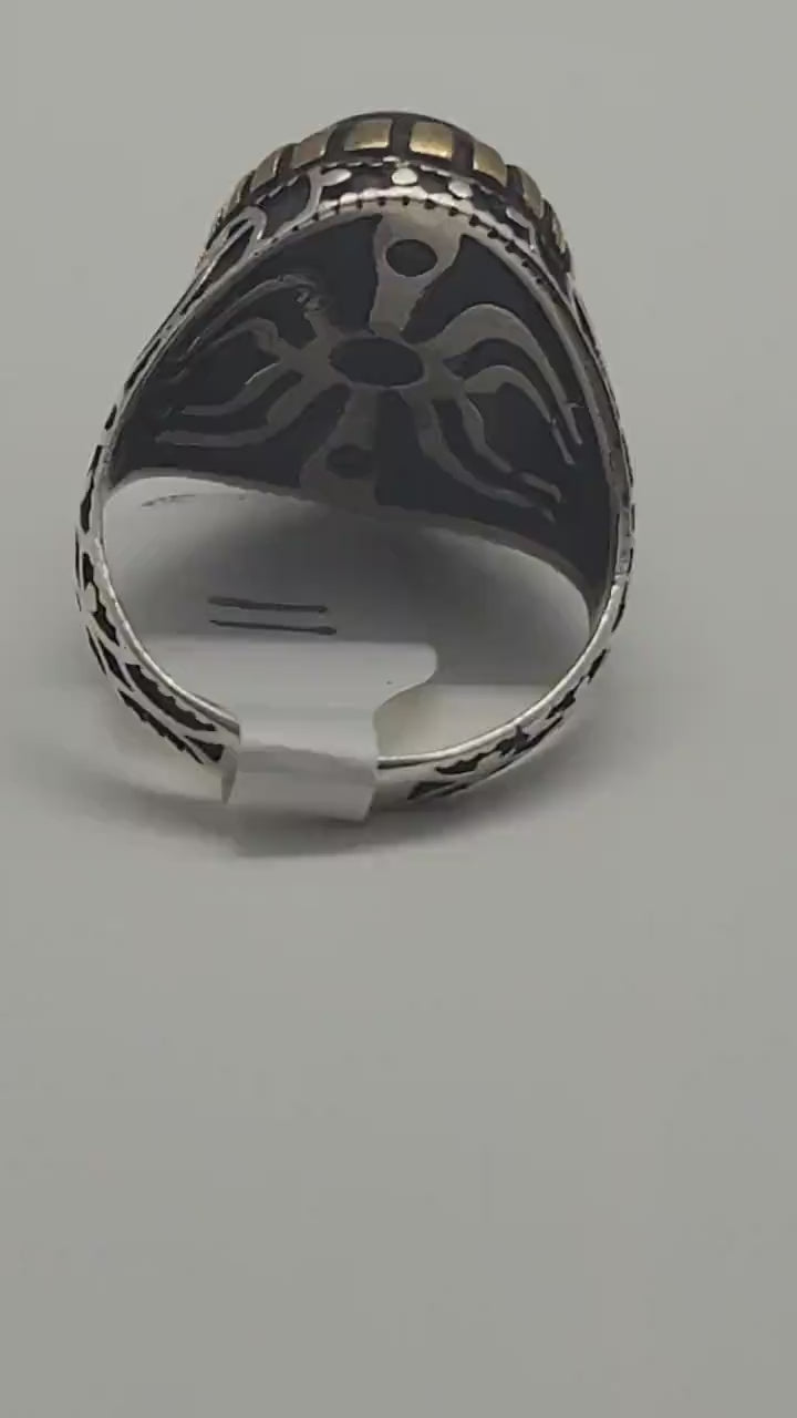 Vintage Ruby Glass Men's Ring, 925 Sterling Silver, 14k Golden Accent