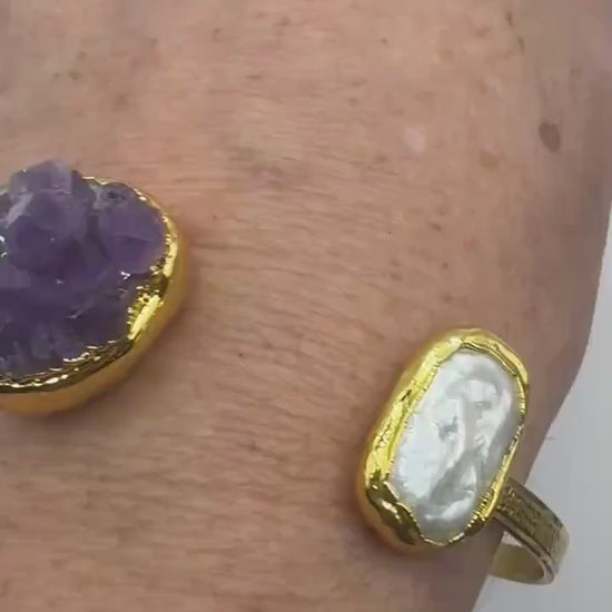 Vintage Pearl Amethyst Cuff Bangle Bracelet Golden 925 Sterling Silver